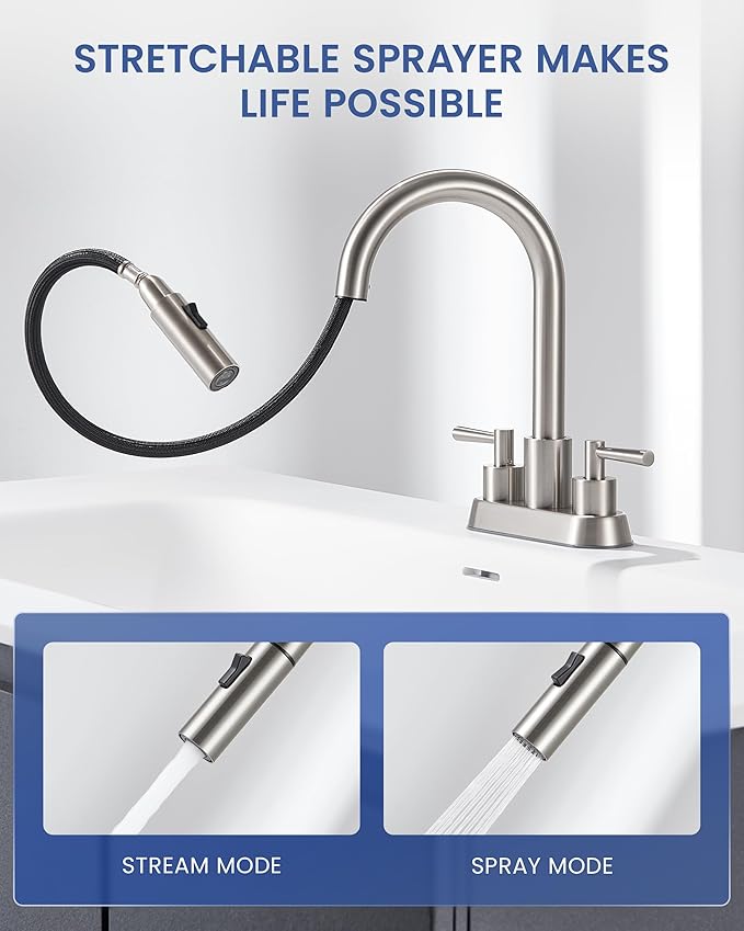 Bathroom Sink Faucet with Pull Out Sprayer 2 Handles, Brushed Nickel Pull Down Bathroom Faucet 3 Holes, 4 Inch Sink Faucet Bathroom, 360 Degree Swivel Spout, Pop Up Drain Assembly Included