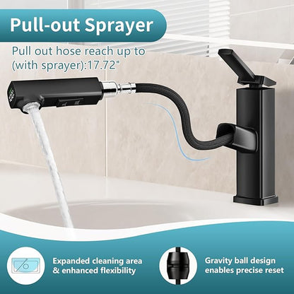HANLIAN Pull Out Bathroom Faucet 1 Hole with Digital Temperature Display, Single Lever Bathroom Sink Faucet with Pull Down Sprayer, 3 Modes Single Handle Vanity Faucets One Hole with Swivel Spout