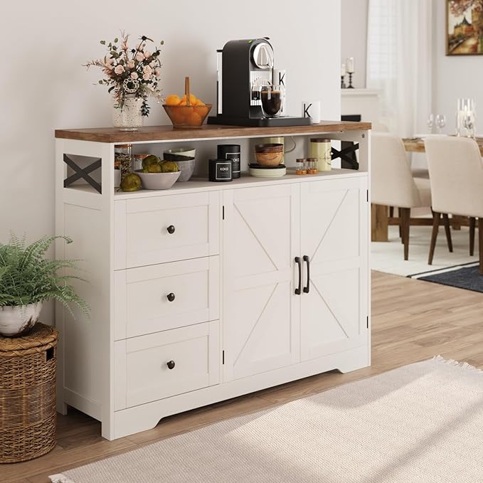 Befrases Farmhouse Buffet Cabinet with Drawers & Open Shelf, Sideboard with Storage, Kitchen Pantry Cabinet Hutch, Coffee Bar Station for Kitchen, Livingroom, 47" L White