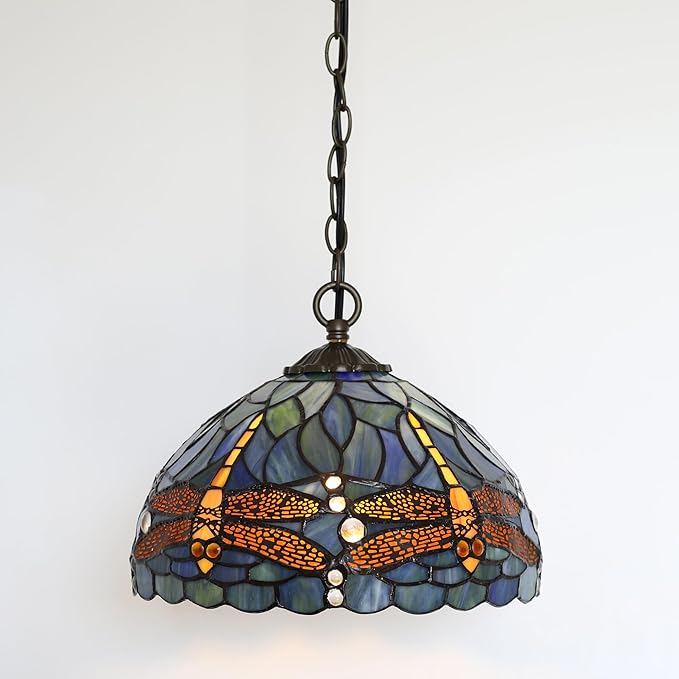 Tiffany Pendant Light Plug-in Stained Glass Hanging Lamp 12”x12”x181” Blue Dragonfly Swag Light Vintage Lamp Decorative Lighting for Dining Room Living Room Kitchen Hallway Bedroom