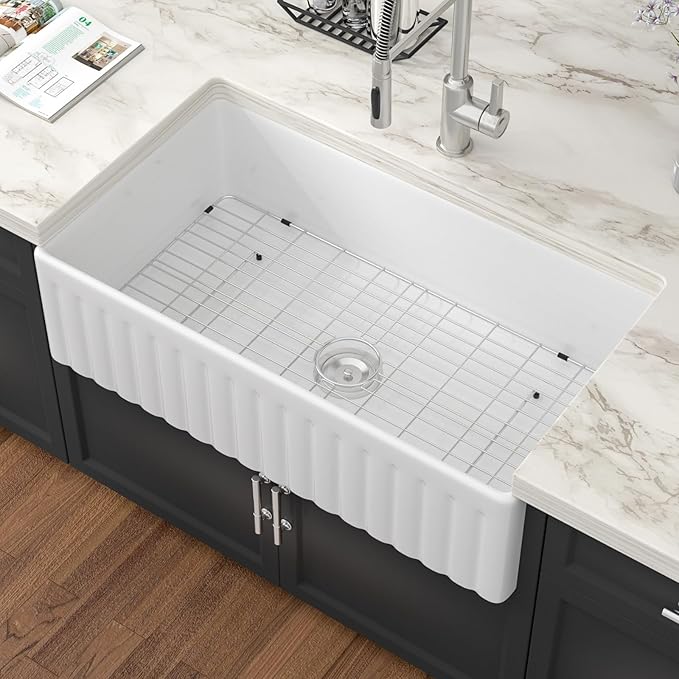 36 Inch White Farmhouse Sink Fireclay Apron Front Single Bowl Farm Sink Heavy Duty Large Deep Farm House Style Drop In Undermount Glossy WhiteSinks Basin for Kitchen 36" x 20" x 10"