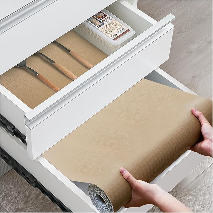 Drawer and Shelf Liner, Non-Slip Kitchen Cabinet Liners Non-Adhesive Thick Strong Grip Waterproof Washable Mats Protect Dresser Shelves Cupboard Bathroom Cabinets, Beige, 18 in X 10 FT