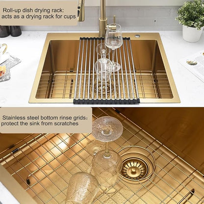 Stainless Steel Gold Kitchen Sink, 25x22 Drop in Kitchen Sink Single Bowl Outdoor Brushed Gold Topmount 16 Gauge Utility RV 10 Inch Deep Basin