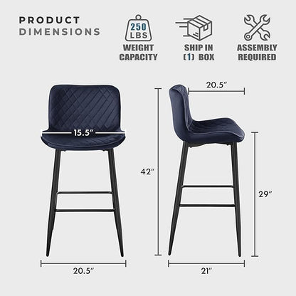 Lexicon Bar Stools Set of 2 - Bar Height Stools for Dining Room, Kitchen, Solid Padded Back, Tall, Black Metal Finish and Blue Velvet Cushion Seat, 29''SH