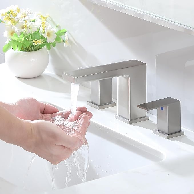 VC CUCINE Brushed Nickel 3 Hole Bathroom Faucet, 2 Handles, 8 Inch, Modern Vanity Sink Faucet with Drain and Supply Lines