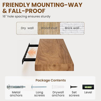 55 inch Floating Shelves for Wall, Rustic Solid Elm Wood Floating Shelf, Wall Mounted Long Wall Shelves for Bedroom, Kitchen, Living Room and Bathroom, Real Dark Wood Shelf for Home, Natural
