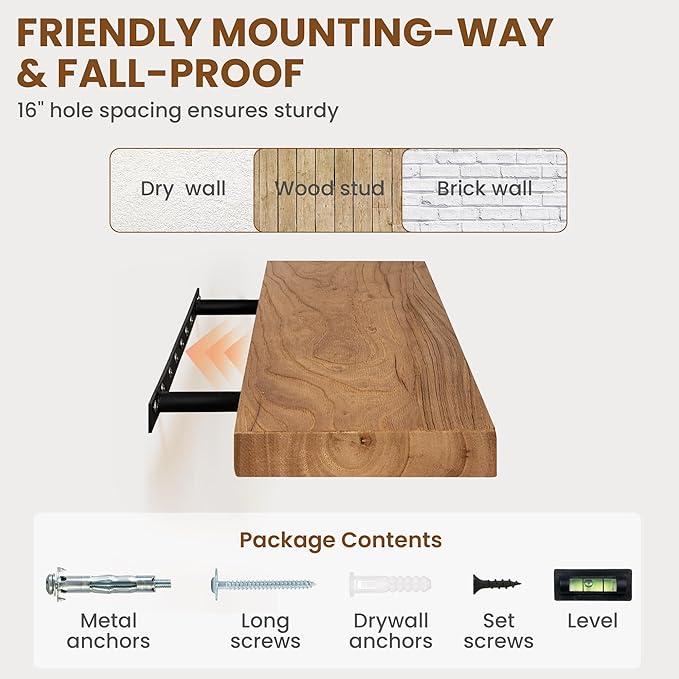 48 Inch Floating Shelves, Rustic Elm Wood Wall Shelves for Farmhouse, Bedroom, Kitchen, Wall-Mounted Long Floating Shelf Heavy-Duty Bracket, Solid Wood Shelf Set of 1 for Home Decor Display, Natural