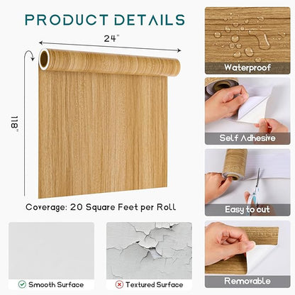 VEELIKE Natural Wood Contact Paper for Countertops Peel and Stick Countertop Contact Paper Waterproof Wood Wallpaper for Cabinets Table 24''x118'' Self Adhesive Counter Top Vinyl Wrap for Kitchen