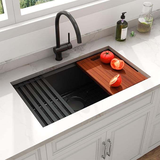 LQS Undermount Kitchen Sink 32 x 18, Large Black Undermount Kitchen Sink, Deep Single Bowl Sinks, Top-Grade 16 Gauage Stainless Steel Nano PVD Material with Round Corner and X-Shape Drain Line