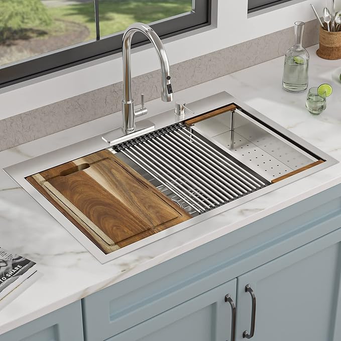 33"x22" Drop In Kitchen Sink Ledge Workstation – 16 Gauge 304 Stainless Steel Above Counter Deep Single Bowl Top Mount Sink Basin