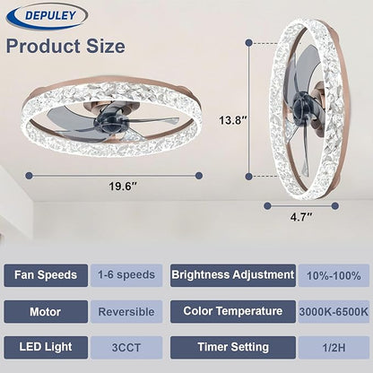 Depuley Bedroom Ceiling Fans with Lights: 20" Modern Low Profile Flush Mount Bladeless Ceiling Fan with App Remote Control - Brown Fandelier for Living Room Kitchen Dimmable Quiet DC Motor