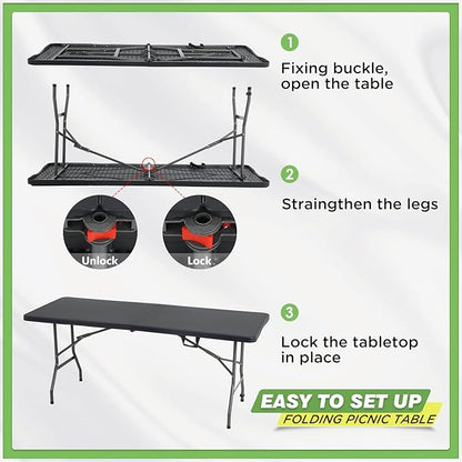 BestOffice Outdoor 6 FT Folding Camping Table Plastic Table Portable Square Height Dining Table Perfect for Picnics, Parties, Party and Camping, Black