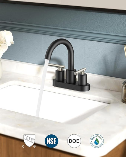 FORIOUS 4 Inch Centerset Bathroom Sink Faucet Black and Brushed Nickel, 2 Handle RV Bathroom Sink Faucet Matte Black 4" with Pop Up Dain, 24 in Hot and Cold Water Hoses, and 360 Degree Swivel Spout