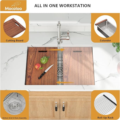 Mocoloo 27 Inch Undermount Kitchen Sink - 27x19 Stainless Steel Sink 16 Gauge Single Bowl Workstation Handmade Deep Basin