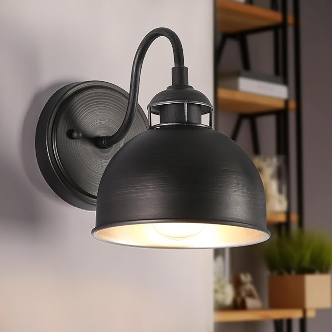 Sconces Wall Lighting, 6.6'' Farmhouse Dome Wall Sconces Indoor, 1-Light Industrial Wall Sconce Light for Bathroom, Kitchen, Bedroom, Living Room, Brushed Aged Silver on Black