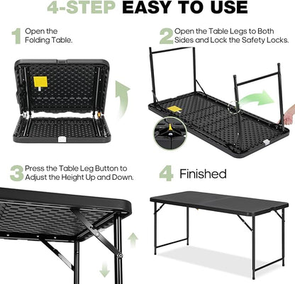 4ft Folding Table with Adjustable Height, 3-Level Foldable Table with HDPE Top & Steel Legs, Portable 4 Foot Folding Table for Picnic, Party, Craft, Indoor Outdoor Use, Black