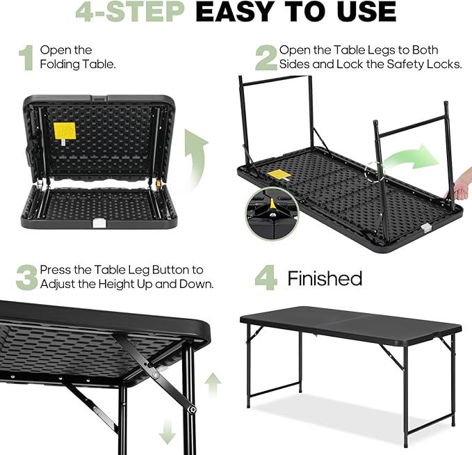 4ft Folding Table with Adjustable Height, 2-Level Foldable Table with HDPE Top & Steel Legs, Portable 4 Foot Folding Table for Picnic, Party, Craft, Indoor Outdoor Use, Black