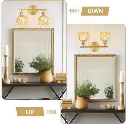Gold Bathroom Light Fixtures Over Mirror, 2 Light Bathroom Vanity Light Fixture with Tulip Amber Glass Lampshade, Vintage Vanity Lights for Bathroom, Bathroom Vanity Lights Over Mirror