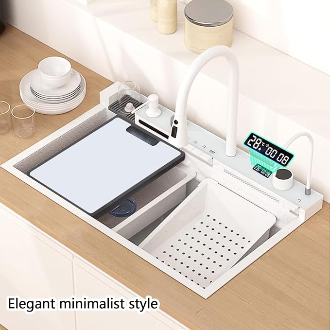Sinks Countertop or Embedded Single Bowl Stainless Steel Kitchen Sink with Drain basket, cutting board, vegetable sink, multi-function pull-out faucet set (White, 33.4x18x9 In)