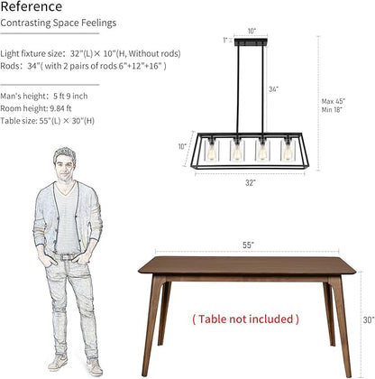 Black Farmhouse Chandeliers for Dining Room, Rustic Kitchen Island Light Fixture, 4-Lighting Linear Pendant Lamp Kitchen Island with Glass Shade ，Apply to Dining Room Light fixtures Over Table