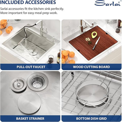 Sarlai Outdoor Kitchen Sink - 21 Inch Drop Bar RV Sink with Pull-out Faucet Drop In Workstation 21 x 20 Topmount Stainless Steel 16 Gauge Single Bowl Bar Prep Outdoor Sinks Basin