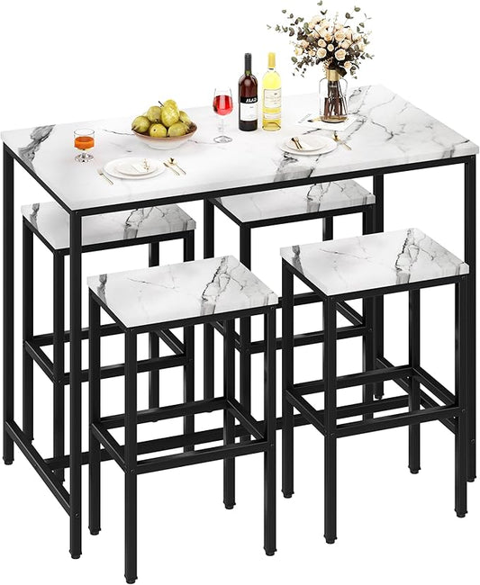 Yongchuang 5 Piece Bar Table Set, White Kitchen Bar Table and Chairs Set of 4, Modern Metal Counter Height Table with Stools for Dining Room, Living Room Breakfast Table Faux Marble Wood Top