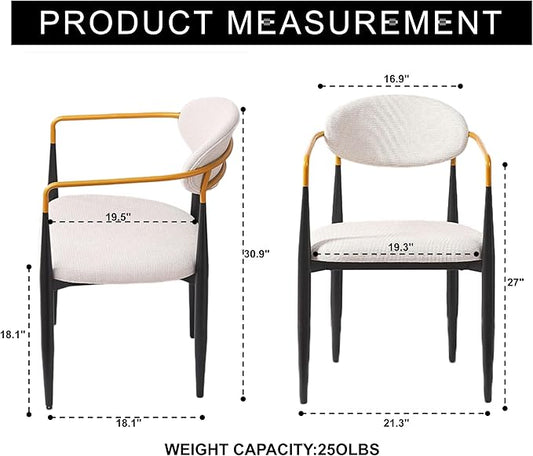 Modern Upholstered Accent Chair Set of 2 with Ergonomic Backrest,Gold Accented Armrests,Linen Fabric Seat,Black Metal Frame,Contemporary Seating for Dining Room,Kitchen Island (Beige,Dining Chair)