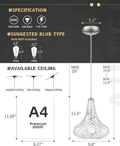 AUTELO Glass Kitchen Pendant Lights Pendant Light Fixture with Hammered Glass Hanging Light for Kitchen Island Living Room Dinning Room H9164
