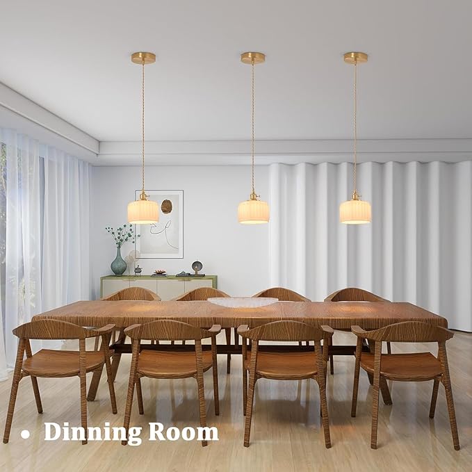 Shenmoyl Pendant Light 2 Pack with White Striped Glass Lmapshade, Brass Vintage Pendant Light Adjustable Hanging Light for Kitchen Island Dining Room Hallway