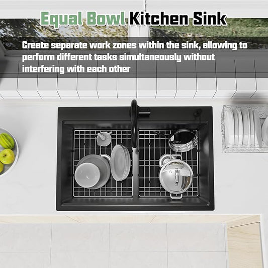 Black 50/50 Double Bowl Kitchen Workstation Sink, 33"x22" Stainless Steel Drop In Kitchen Sink Easy To Multitasking With Cutting Board,Drying Rack,Silicon Mat,Sink Grid And Drain Assembly
