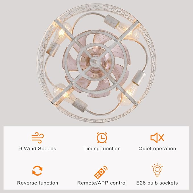 Garwarm Caged Ceiling Fan with Light,20" Flush Mount Ceiling Fan with Remote,Bladeless Low Profile Fandelier Small Ceiling Fans with Lights for Bedroom,Dining Room