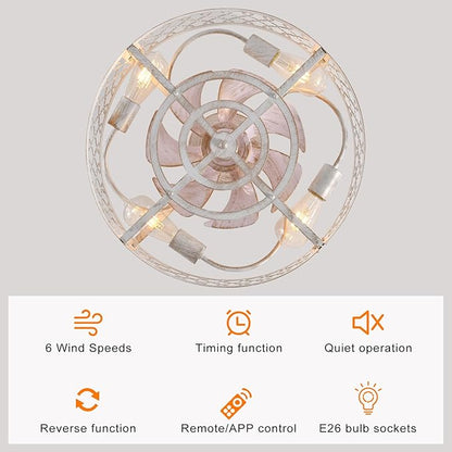 Garwarm Caged Ceiling Fan with Light,20" Flush Mount Ceiling Fan with Remote,Bladeless Low Profile Fandelier Small Ceiling Fans with Lights for Bedroom,Dining Room