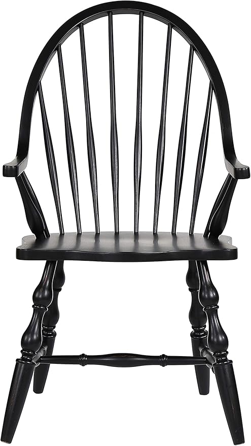 Sunset Trading Black Cherry Selections Windsor Spindleback Dining Chair with Arms | Fully Assembled Kitchen Armchair| Modern Farmhouse Minimalist Country Cottage | Antique Black Solid Wood