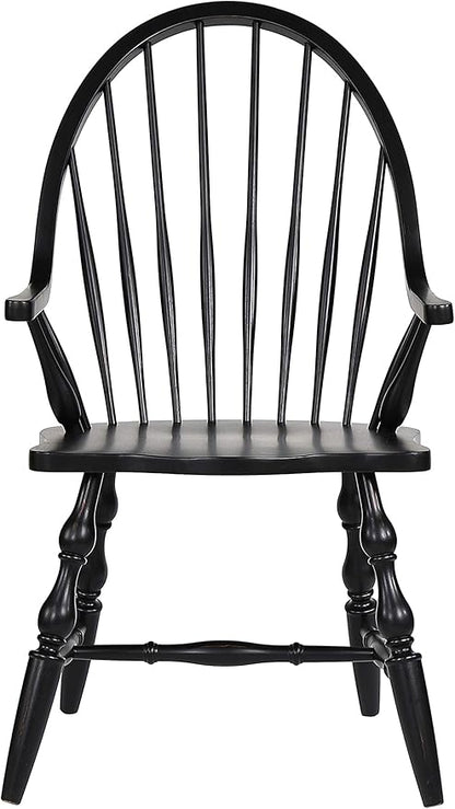 Sunset Trading Black Cherry Selections Windsor Spindleback Dining Chair with Arms | Fully Assembled Kitchen Armchair| Modern Farmhouse Minimalist Country Cottage | Antique Black Solid Wood