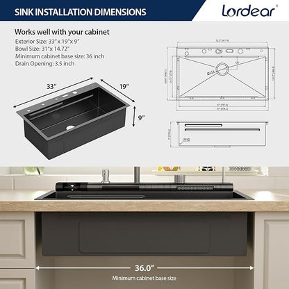 Lordear Drop In Kitchen Sink, 33 inch Black Waterfall Sink 16 Gauge Stainless Steel, Above Counter Smart Kitchen Sinks, Single Bowl with Integrated Control for Powerful Cleaning