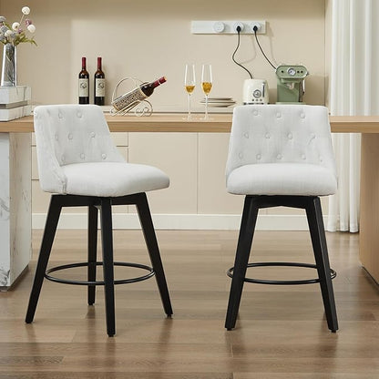 Modern Dining Chairs,Set of 2 - Sturdy and Stylish,Simple Natural Design,Counter Height Bar Stools with Line & Button Tufted Back,Solid Wood Frame Seat for Kitchen Island,Easy Asse,White-Linen-Foam