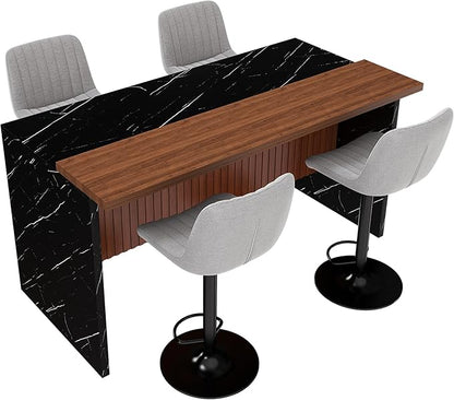 GOWE 63" Modern Kitchen Island Set with 4 Gray Bar Stools - Black Marble Look Surface, LED Lighting & Grill Design for Dining Room, Open Concept Spaces, Lounge(4 Gray Bar Stools)
