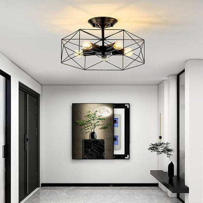 5-Light Farmhouse Semi Flush Mount Ceiling Light Fixture, Modern Black Ceiling Light, Industrial Close to Ceiling Light with Metal Hexagon Cage Ceiling Lamp for Kitchen, Hallway, Bathroom，closet