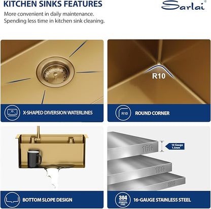 Sarlai Outdoor Sink, 21x19 Inch Gold Undermount Kitchen Sink Workstation with Foldable Faucet Bar Prep Single Bowl Gold Kitchen Sinks16 Gauge Stainless Steel BBQ Sinks with Cover 21"x19"x9“
