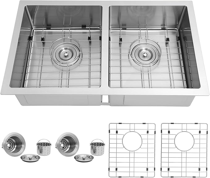 Kitsitchen RV Ktichen Sink,16 Gauge Stainless Steel Undermount Kitchen Sink with Strainer & Bottom Gird, 27" x 16" Double Bowl Kitchen Sinks Used at RV, Outdoor,Bathrom and Camper, R10 Round Corner