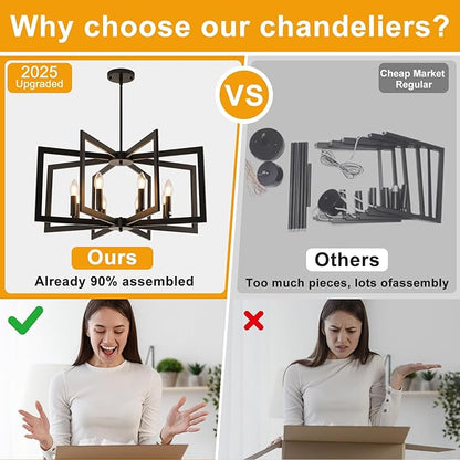 27.6" Modern Black Chandelier for Dining Room, 8-Light Farmhouse Dining Room Light Fixture Over Table, Industrial Metal Hanging Pendant Lights for Kitchen Island, Living Room, Bedroom, Foyer, Entryway