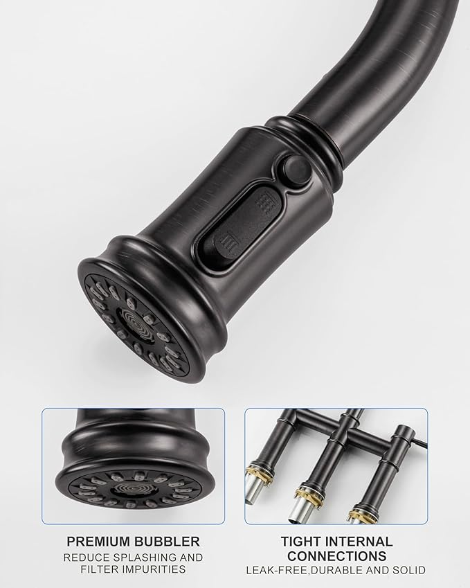 Bridge Faucet for Kitchen Sink: iVIGA Oil Rubbed Bronze Farmhouse 3 Hole Kitchen Faucet with Pull Down Sprayer - 2 Handle High Arc Brass Faucet with 360° Swivel, with Supply Lines