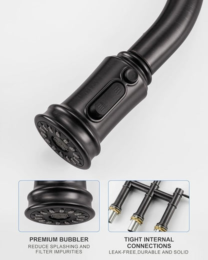 Bridge Faucet for Kitchen Sink: iVIGA Oil Rubbed Bronze Farmhouse 3 Hole Kitchen Faucet with Pull Down Sprayer - 2 Handle High Arc Brass Faucet with 360° Swivel, with Supply Lines