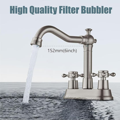 Aolemi 4 Inch Centerset Bathroom Sink Faucet Vintage 2 Cross Handle RV Mixer Tap Basin Vanity Lavatory Utility for Sink 3 Hole Include Hoses Pop Up Drain Faucet Handle with Label Brushed Nickel