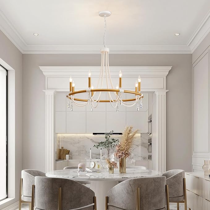 WUZUPS Wagon Wheel Chandelier Rustic Farmhouse Industrial Round Pendant Light Fixture with Clear Crystal for Dining Room Kitchen Island, H 28.3" x W 30.3", E12 Base, Gold White