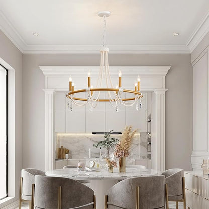 WUZUPS Wagon Wheel Chandelier Rustic Farmhouse Industrial Round Pendant Light Fixture with Clear Crystal for Dining Room Kitchen Island, H 28.3" x W 30.3", E12 Base, Gold White