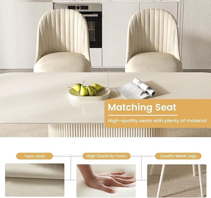 86.61" Oval Dining Table Set for 6, 7 Piece Modern Dining Room Table Set with 6 Chairs for Kitchen, Living Room, Cream White Kitchen Table, Dinner Table Set with Stable Oval Pedestal