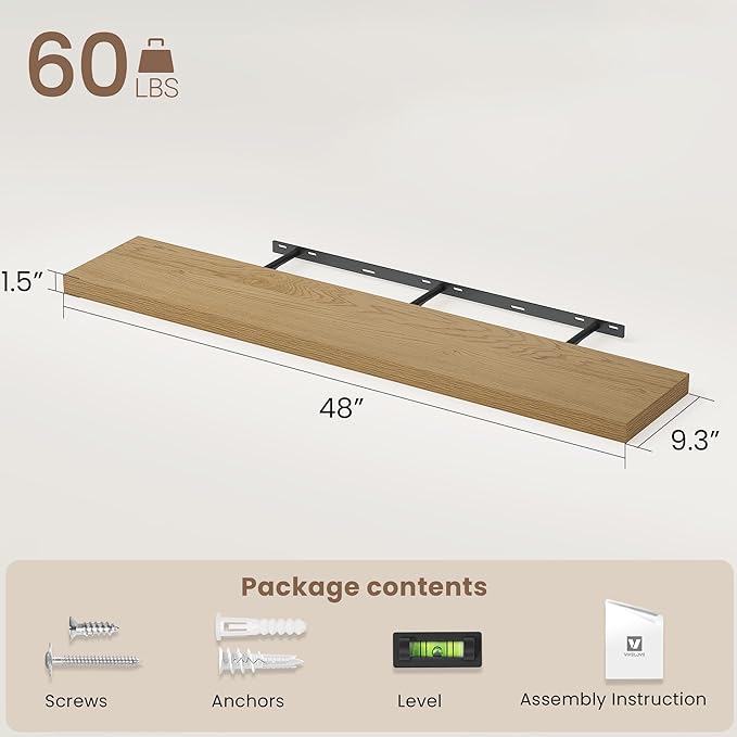 Vivelove 48 Inch Floating Shelves for Wall, 48x9 Display Shelves for Bathroom Living Room Kitchen Bedroom Office Farmhouse Home Decor - Set of 1, Oak