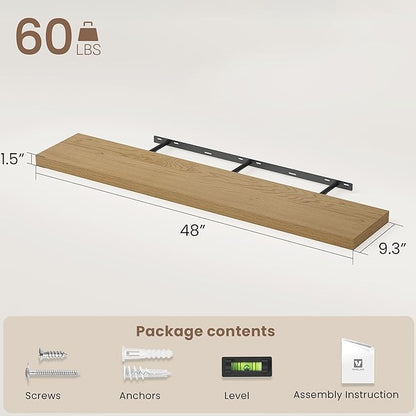Vivelove 48 Inch Floating Shelves for Wall, 48x9 Display Shelves for Bathroom Living Room Kitchen Bedroom Office Farmhouse Home Decor - Set of 2, Oak