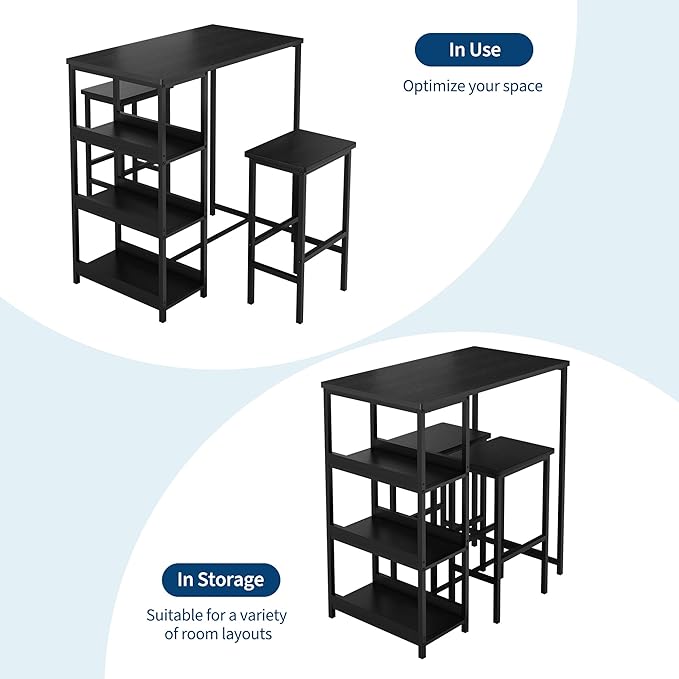 GarveeHome 3-Piece Kitchen Table Set with Storage Shelves & 2 Bar Stools - Iron and Wood Dining Table for Small Spaces, Apartments, Condos, Black